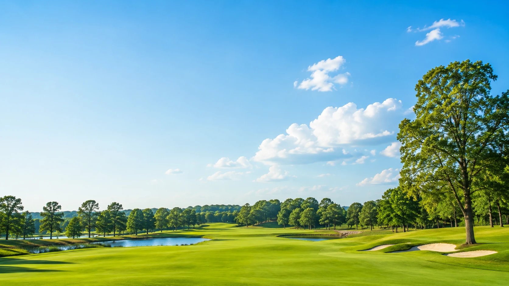 A sunny golf course fairway under a bright blue sky with soft white clouds and green trees